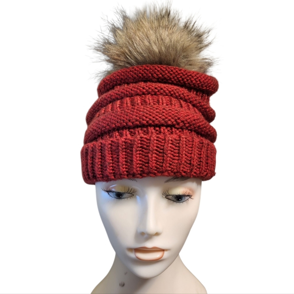 #13 Red Crocheted Poofy Faux Fur Puff Womens Winter Toboggan Thick Warm Chunky